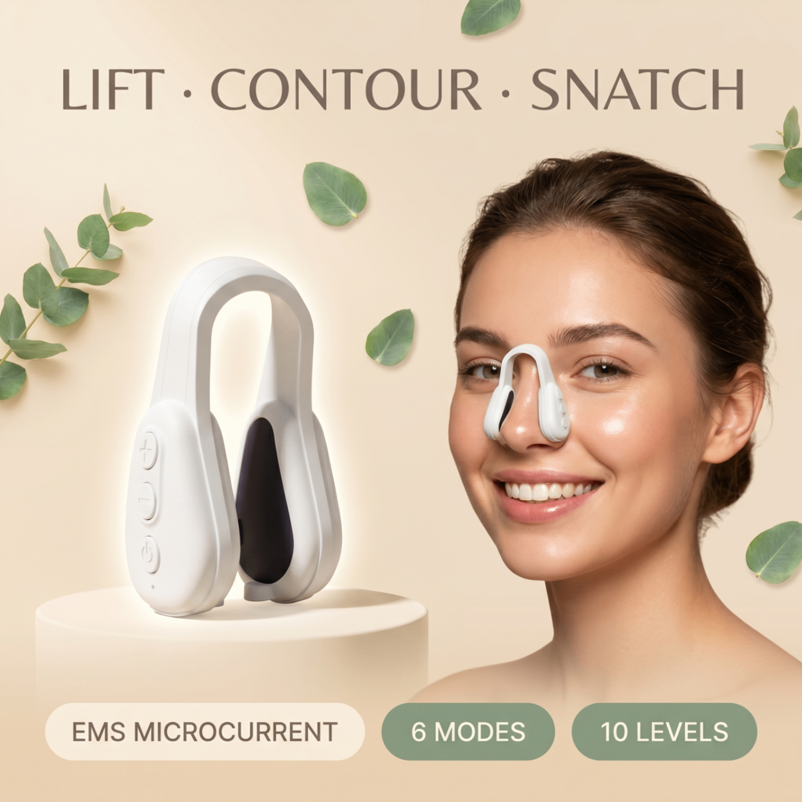 Woman wearing the Sculpté nose device beside the product on a pedestal