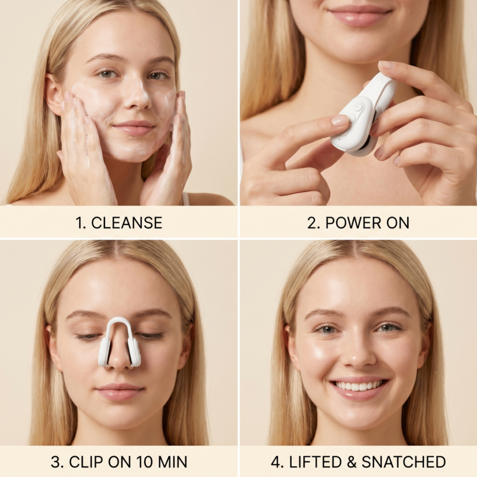 Four-step visual guide showing cleansing, powering on, wearing the Sculpté device and a lifted-looking finish